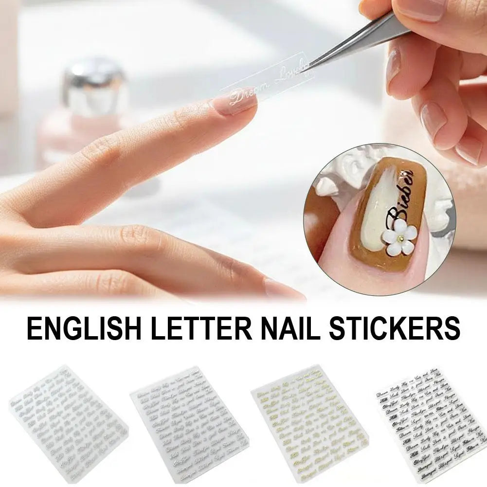 3D English Word Nail Art Stickers – Metallic Gold & Silver Decals