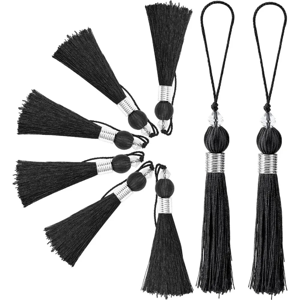 8 PCS Handmade Beaded Polyester Tassel Pendants – 9" Black