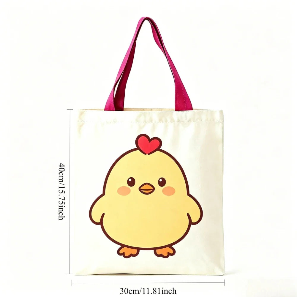 Cute Yellow Chick Red Heart Print Canvas Tote Bag Eco Reusable