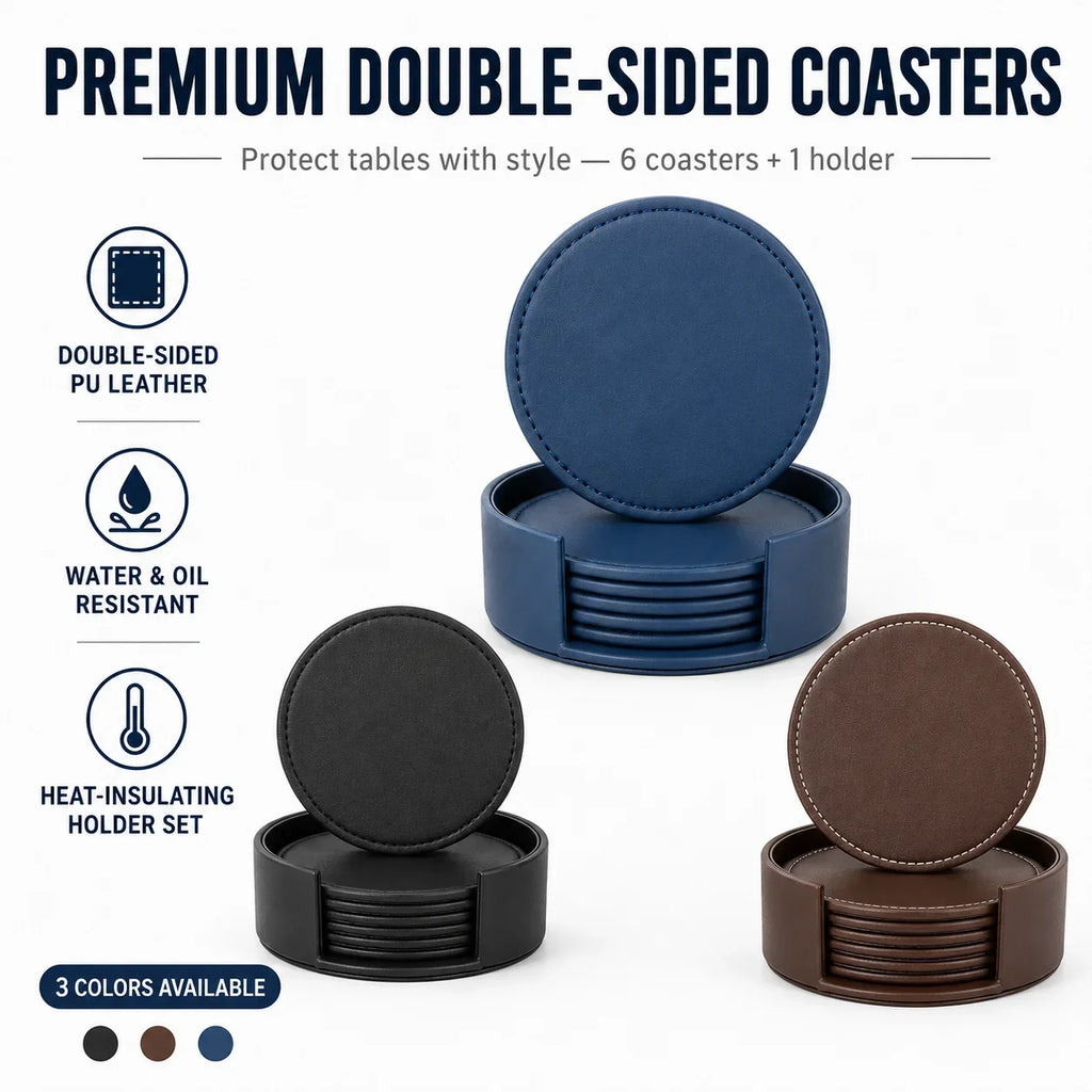 PU Leather Drink Coaster Set of 6 with Holder – Heat Resistant