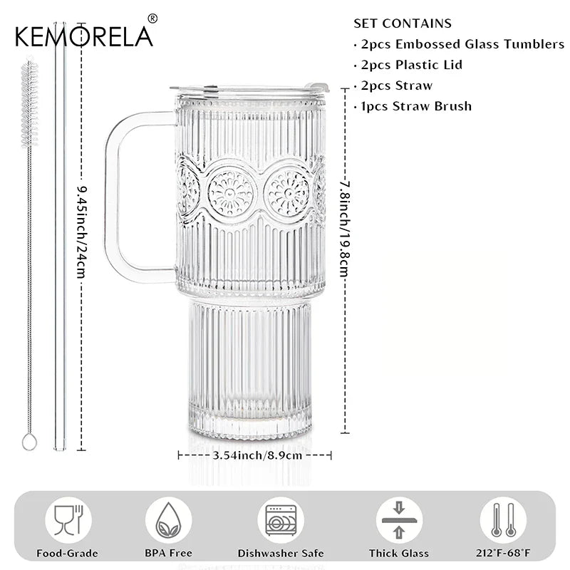KEMORELA 750ml Sunflower Glass Tumbler with Lid & Straw