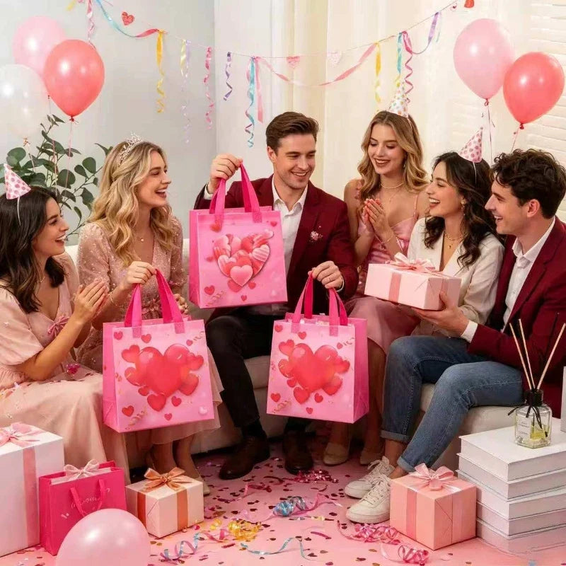 Pink Heart Non-Woven Tote Bags – 8pc Reusable Gift Bags