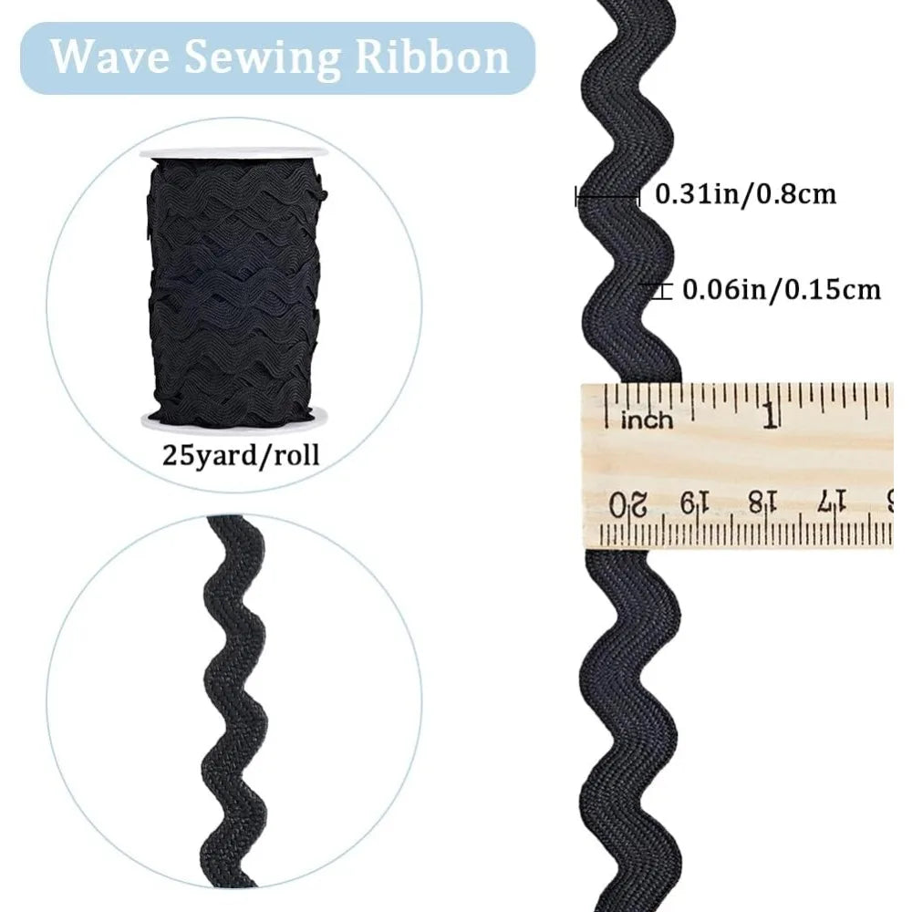 Black Wavy Ric Rac Fringe Trim Ribbon – 25 Yards, 8mm