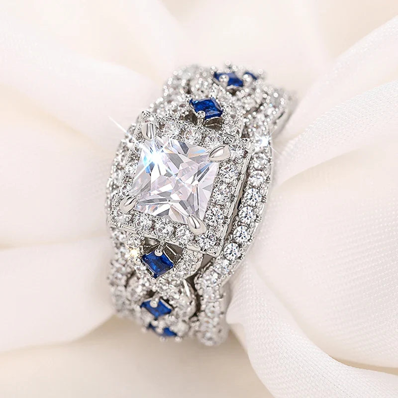 Huitan 3-Piece CZ Bridal Ring Set | Princess Wedding Jewelry