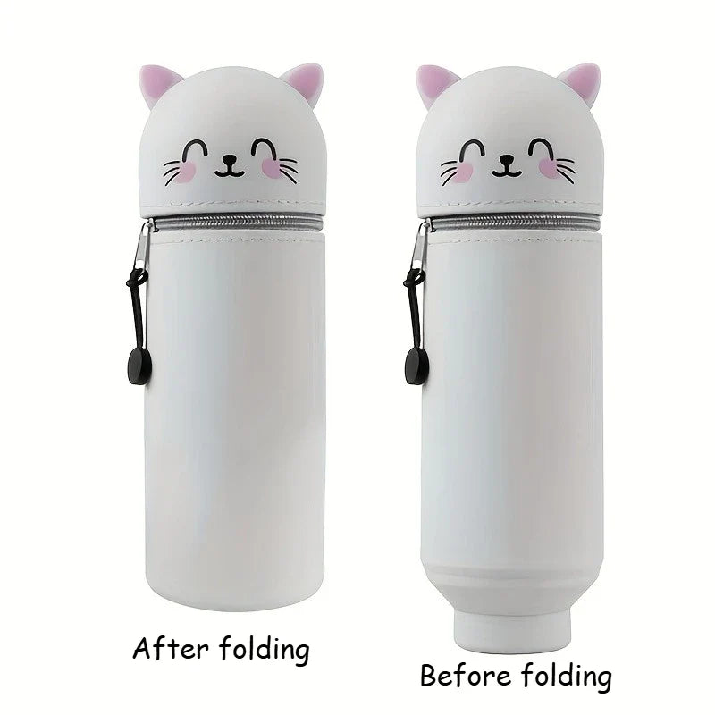 2-in-1 Expandable Silicone Cute Pencil Case Cat Design Desk Organizer
