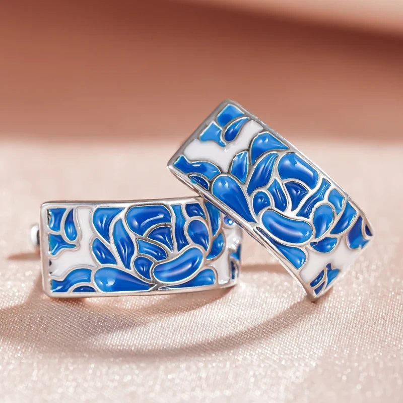 Huitan Blue Flower Hoop Earrings – Women's Silver Jewelry