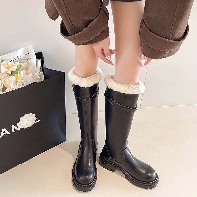 Women's Knee High Boots – Block Heel Zip Faux Leather