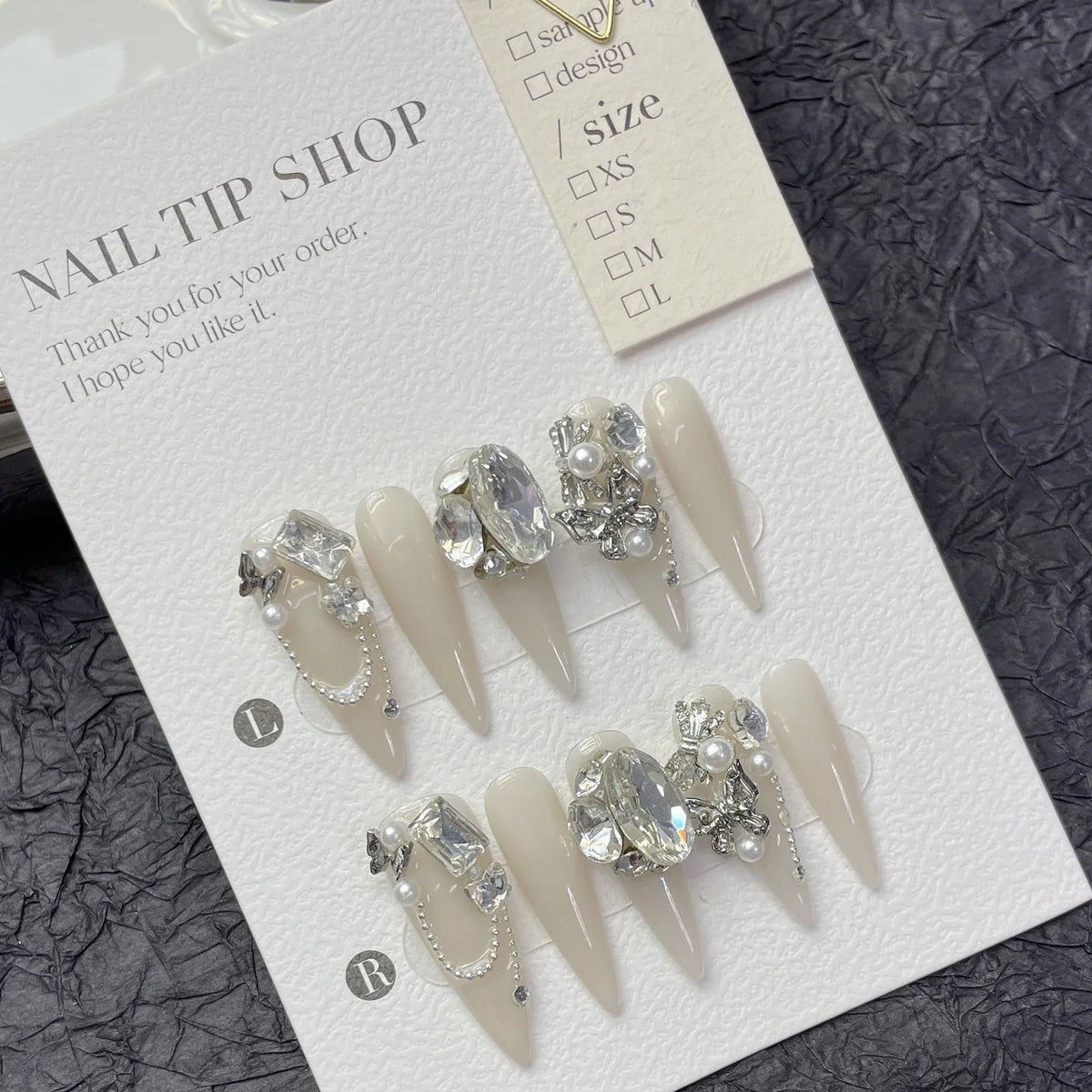 Stiletto Press On Nails – Rhinestone Crystal Pearl False Tips