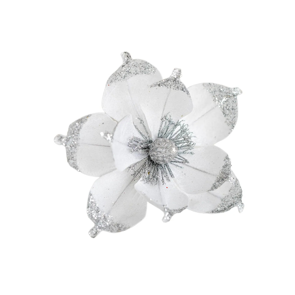 20cm Pink Glitter Magnolia Christmas Flower Pick | Xmas Decor