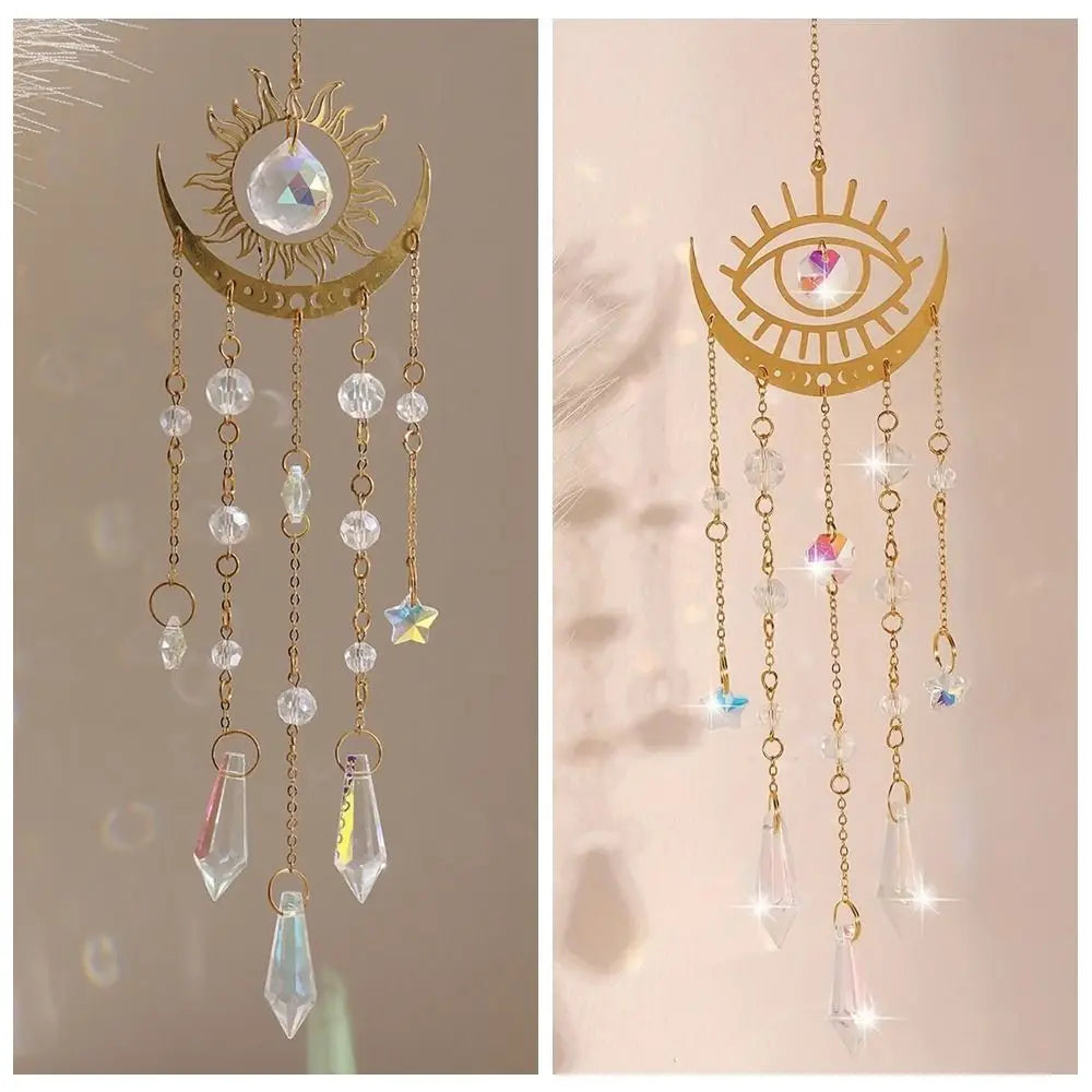 Golden Flame Moon Crystal Suncatcher Pendant – Rainbow Decor