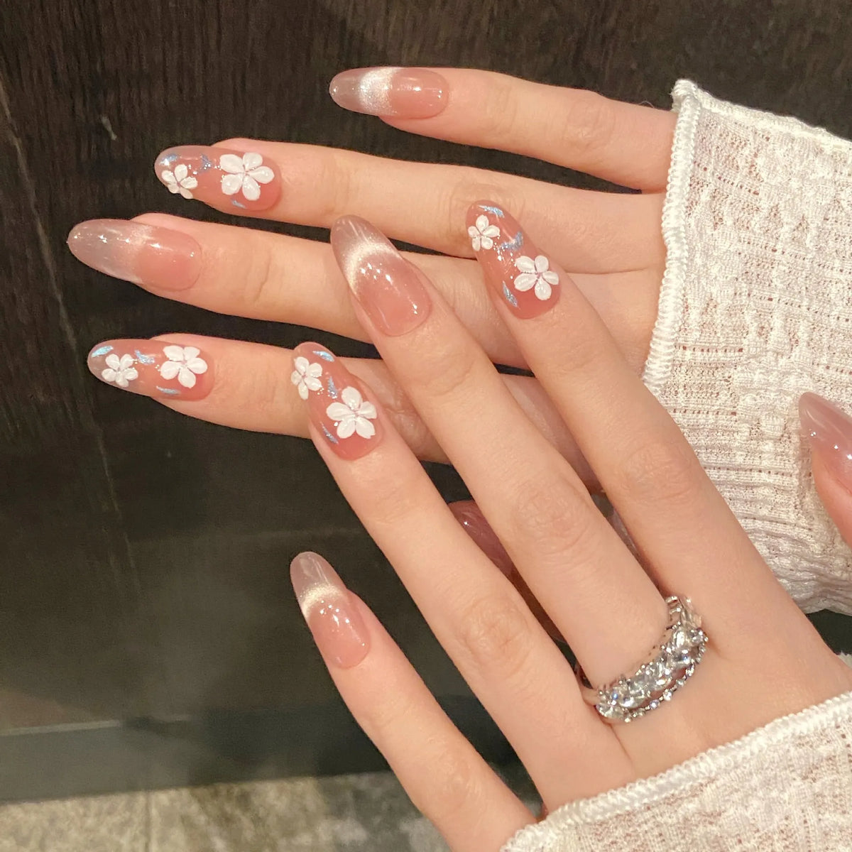 10pcs Handmade Press-On Nails Spring Flowers Korean Cat Eye