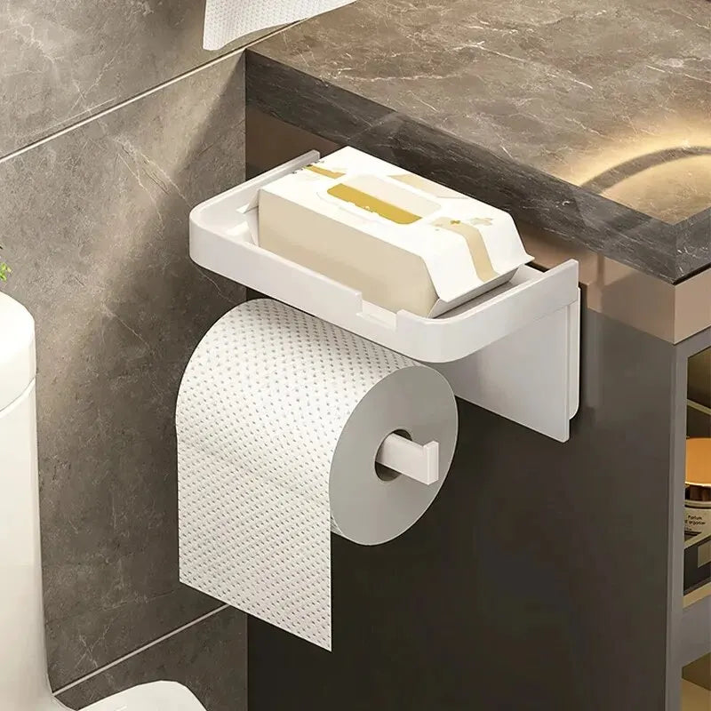 Wall-Mount Plastic Toilet Paper Holder & Storage Rack