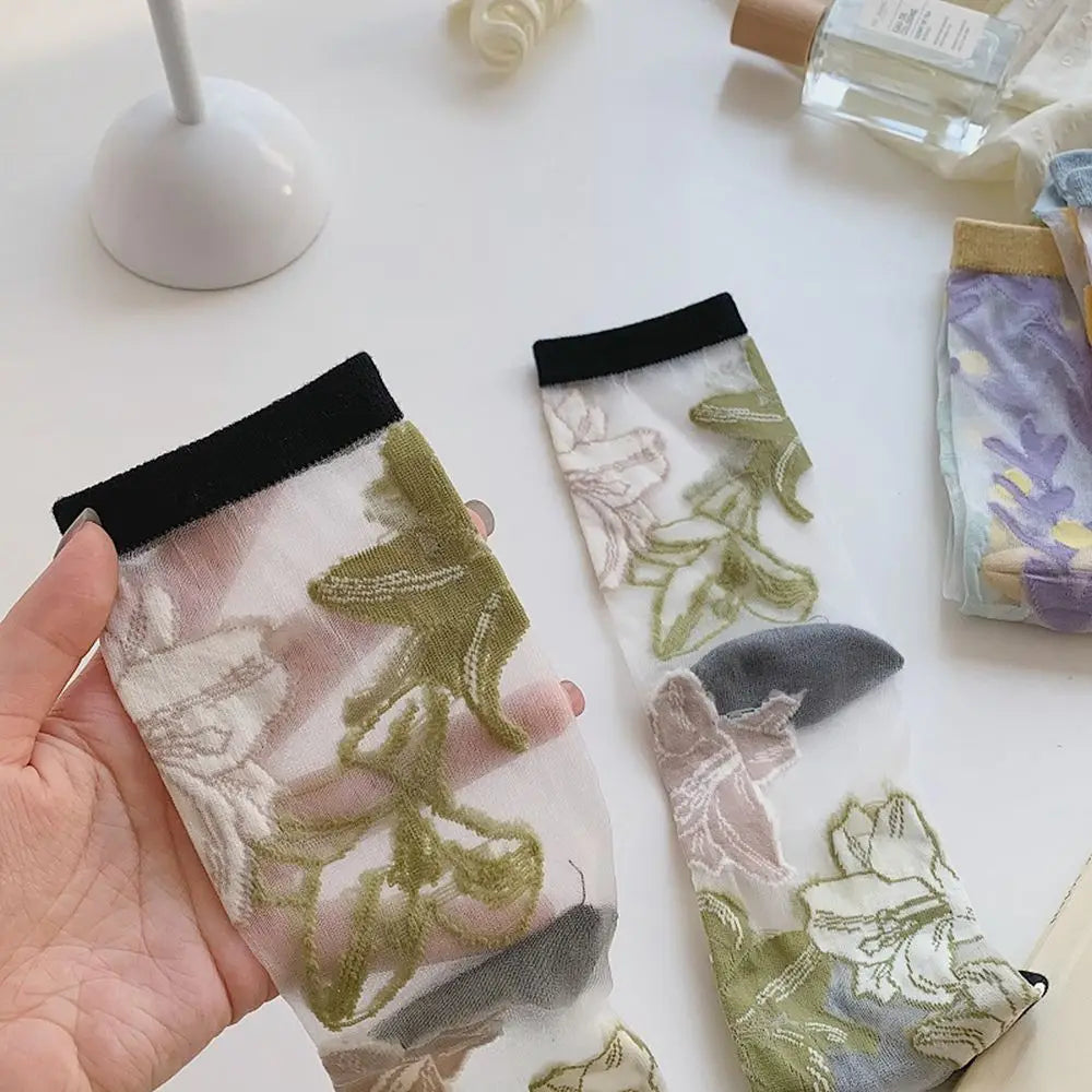 Korean Floral Mesh Tube Socks – Sheer Embroidery Women's Socks