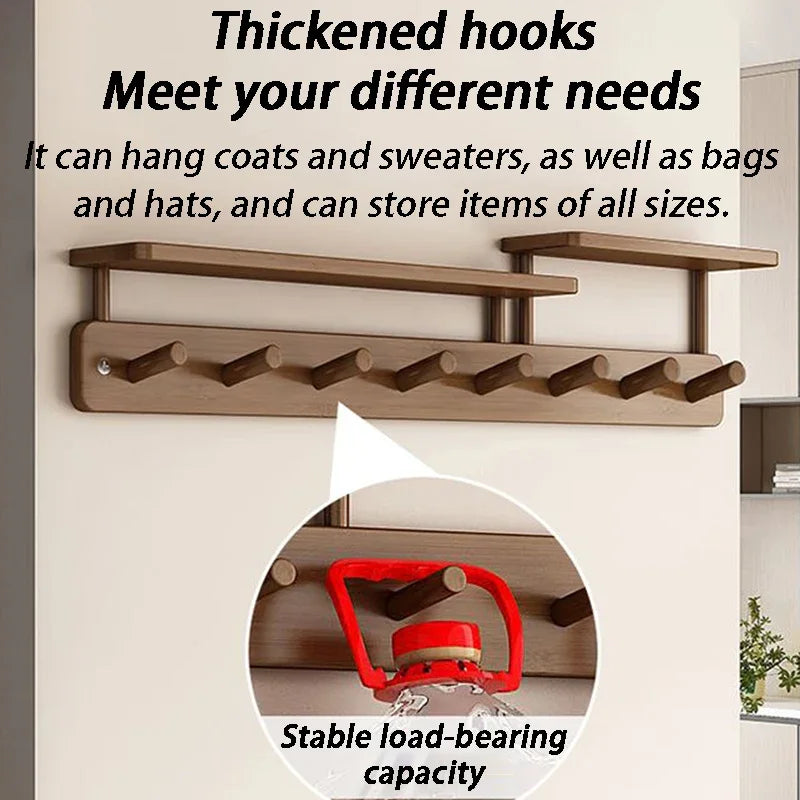 Wall Mounted Bamboo Coat Rack with Shelf & 8 Hooks