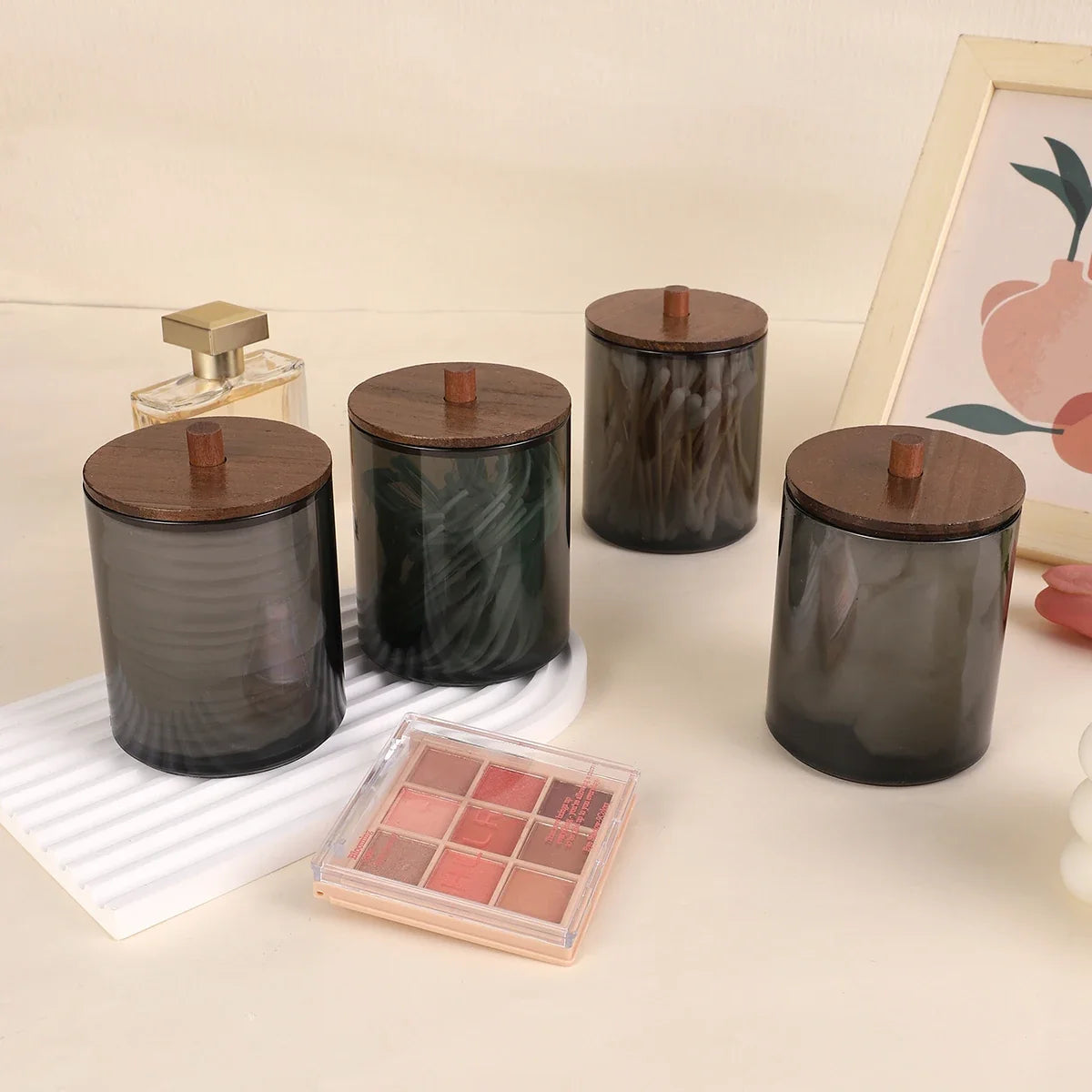 Cotton Swab Holder Black Cups Walnut Stained Wood Lids Pill Jar