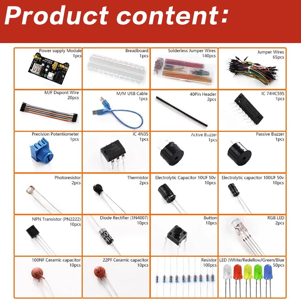 Arduino Uno R3 Starter Kit – 830 Breadboard & Electronics Set