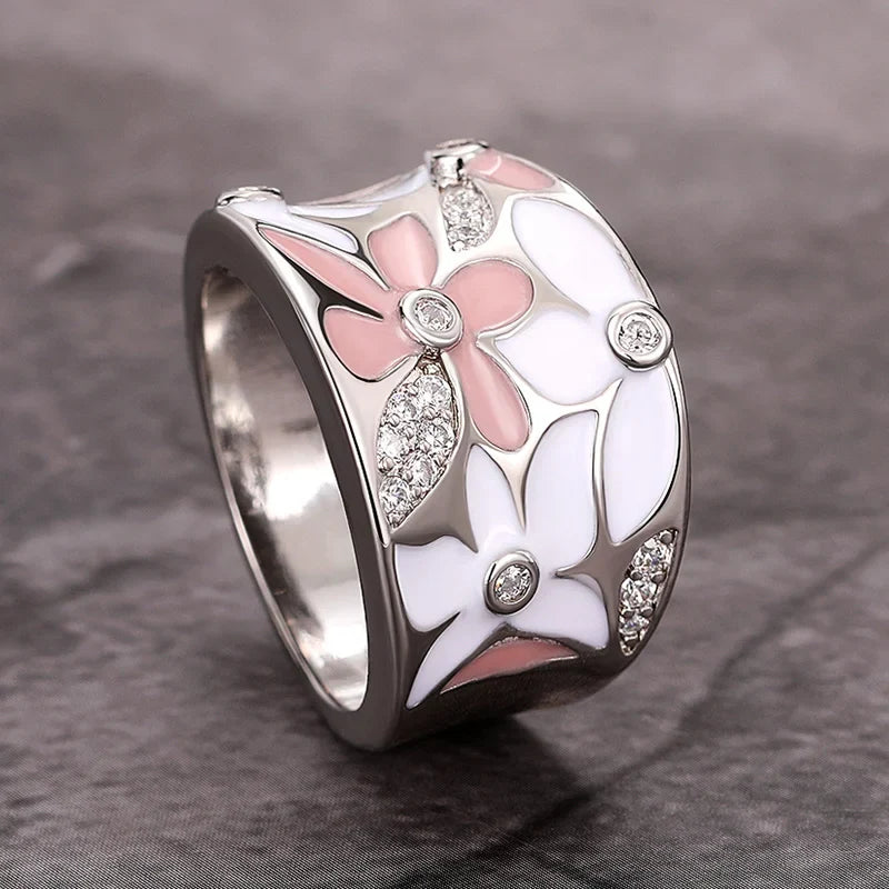 Huitan Enamel Flower Ring for Women | CZ Floral Fashion Ring