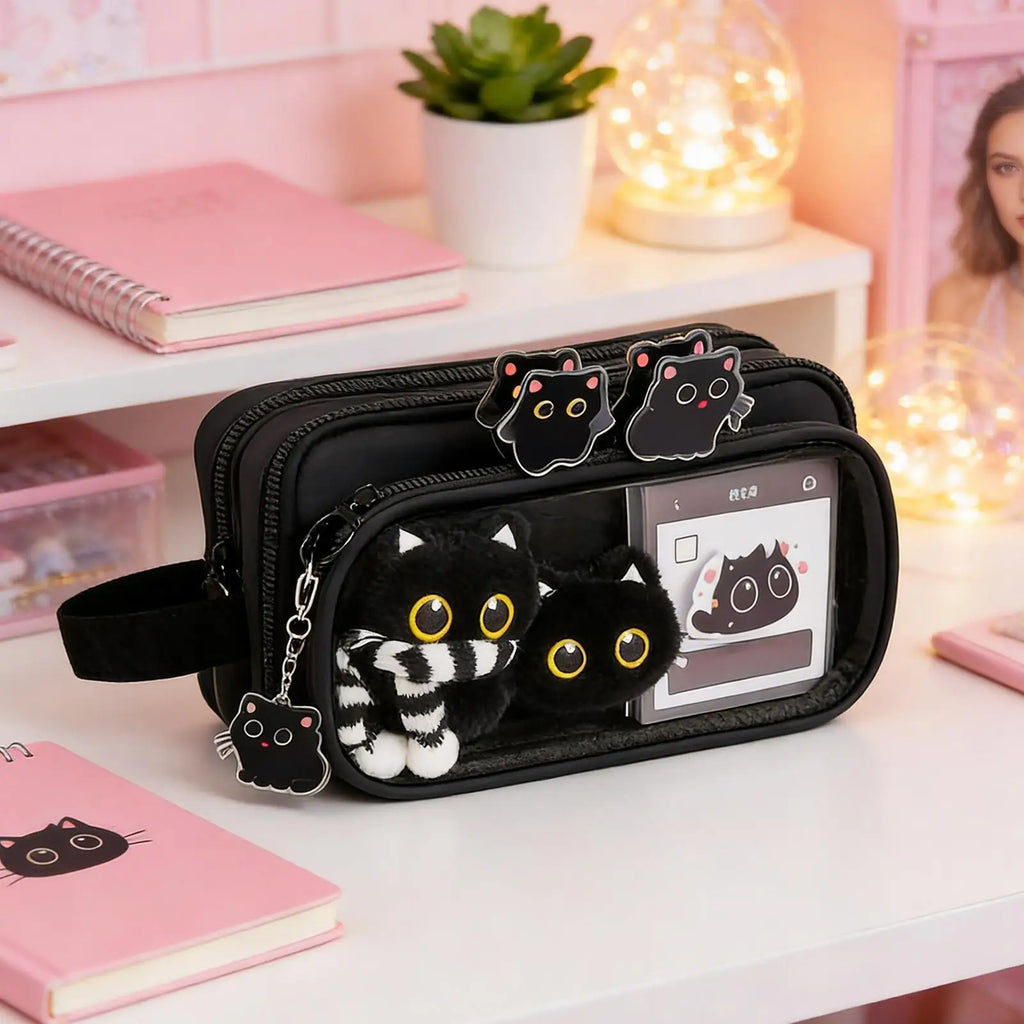 10-Layer Black Cat Pencil Case Set with Sticky Notes & Gel Pens