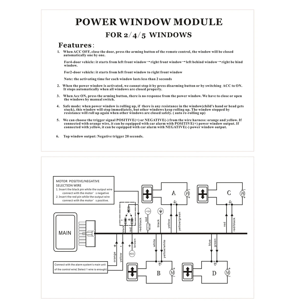 12V Power Window Closer Module for 4-Door Cars + Wiring