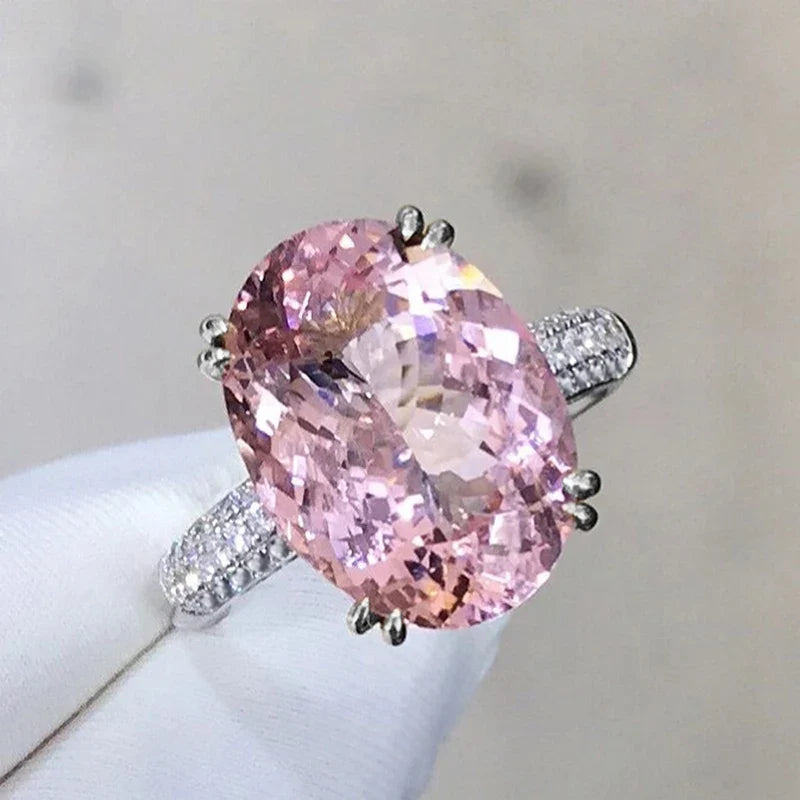 Huitan Big Oval Pink CZ Ring for Women – Statement Wedding Ring