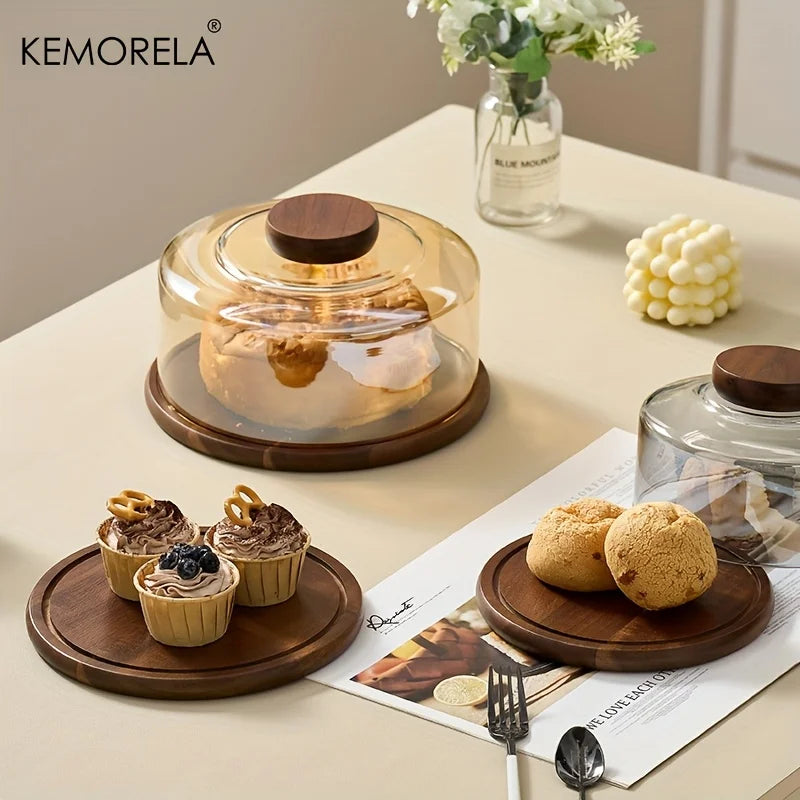 Round Wooden Cake Stand with Glass Dome Lid | KEMORELA