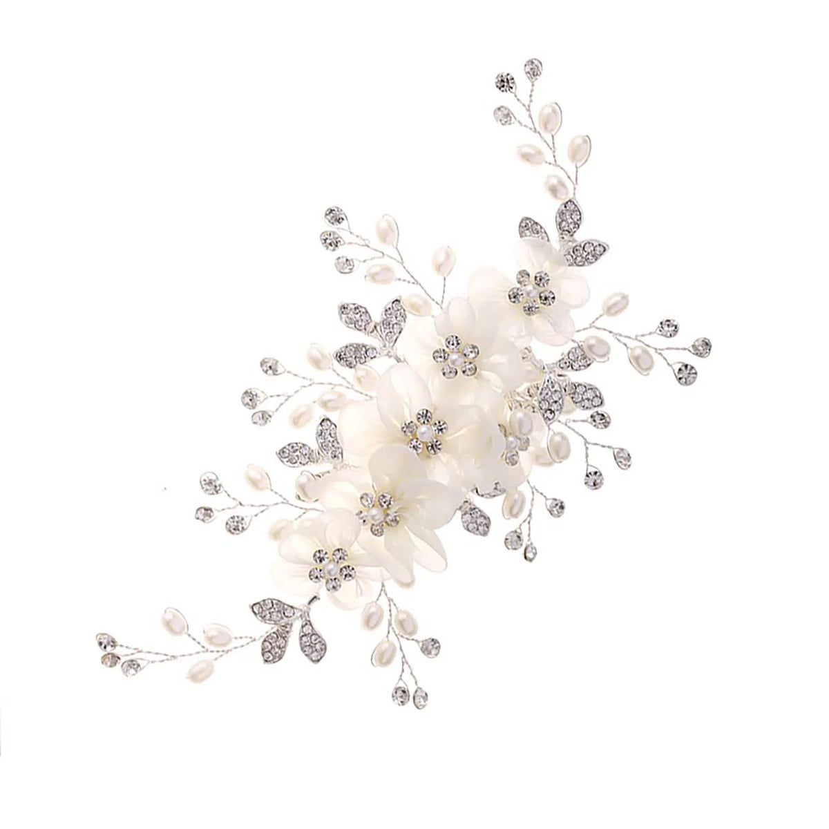 White Flower Hair Clip with Rhinestones & Pearls | Floral Hairpin