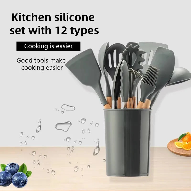 12-Piece Silicone Kitchen Utensil Set – Wood Handle & Storage