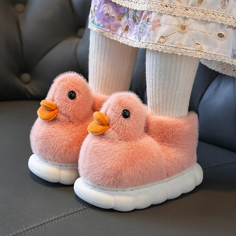 Kids Kawaii Duckling Fuzzy Slippers – Warm Winter Fur Slides