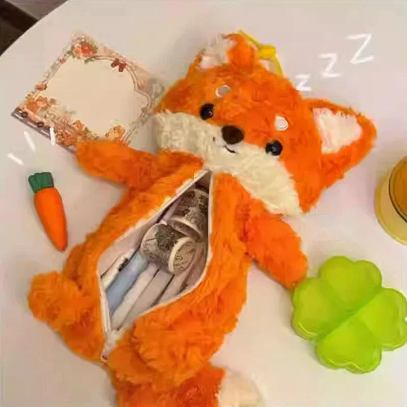 Kawaii Fox Plush Pencil Case – Cute Fluffy Animal Bag for Kids