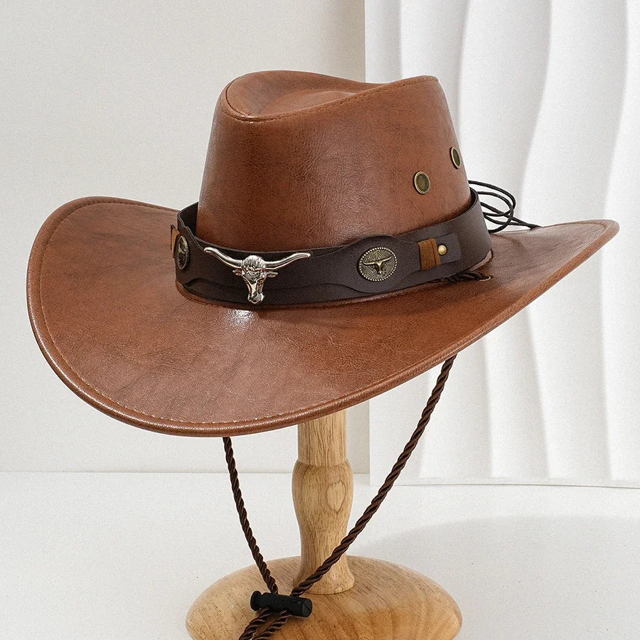 Unisex Vintage Faux Leather Western Cowboy Hat Outdoor Gentleman