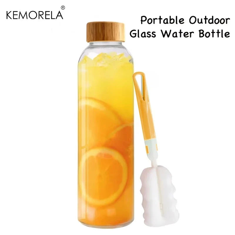 Glass Water Bottle Wooden Lid 500/750/1000ml + Cleaning Brush