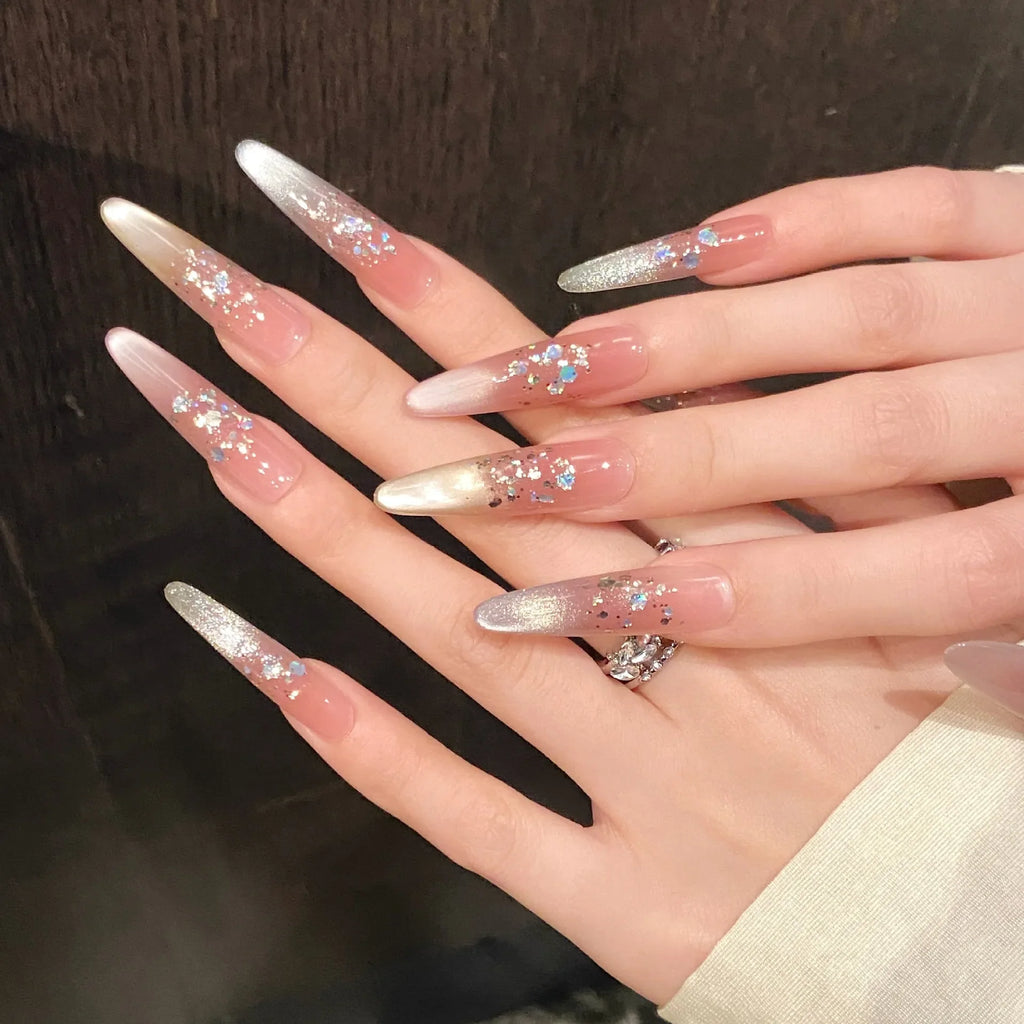 French Cat Eye Press On Nails – Sequin Gradient Tips | 10pcs