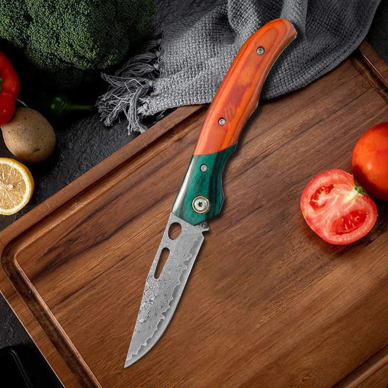 Damascus Steel Folding Knife – Sharp Wood Handle Kitchen Knife
