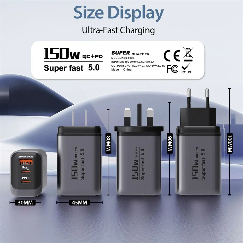 150W USB-C PD & QC3.0 Fast Charger | EU UK US Travel Adapter