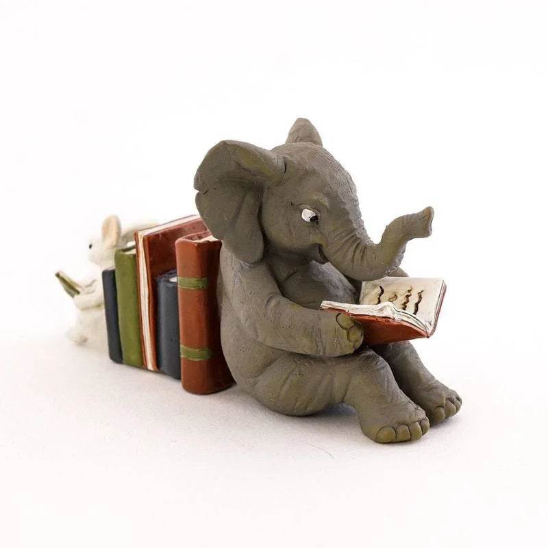 Elephant & Rabbit Reading Bookend – Resin Animal Statue Decor
