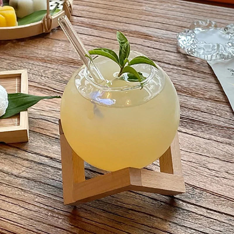 Round Ball Cocktail Glass with Wood Stand | Creative Bar Tumbler