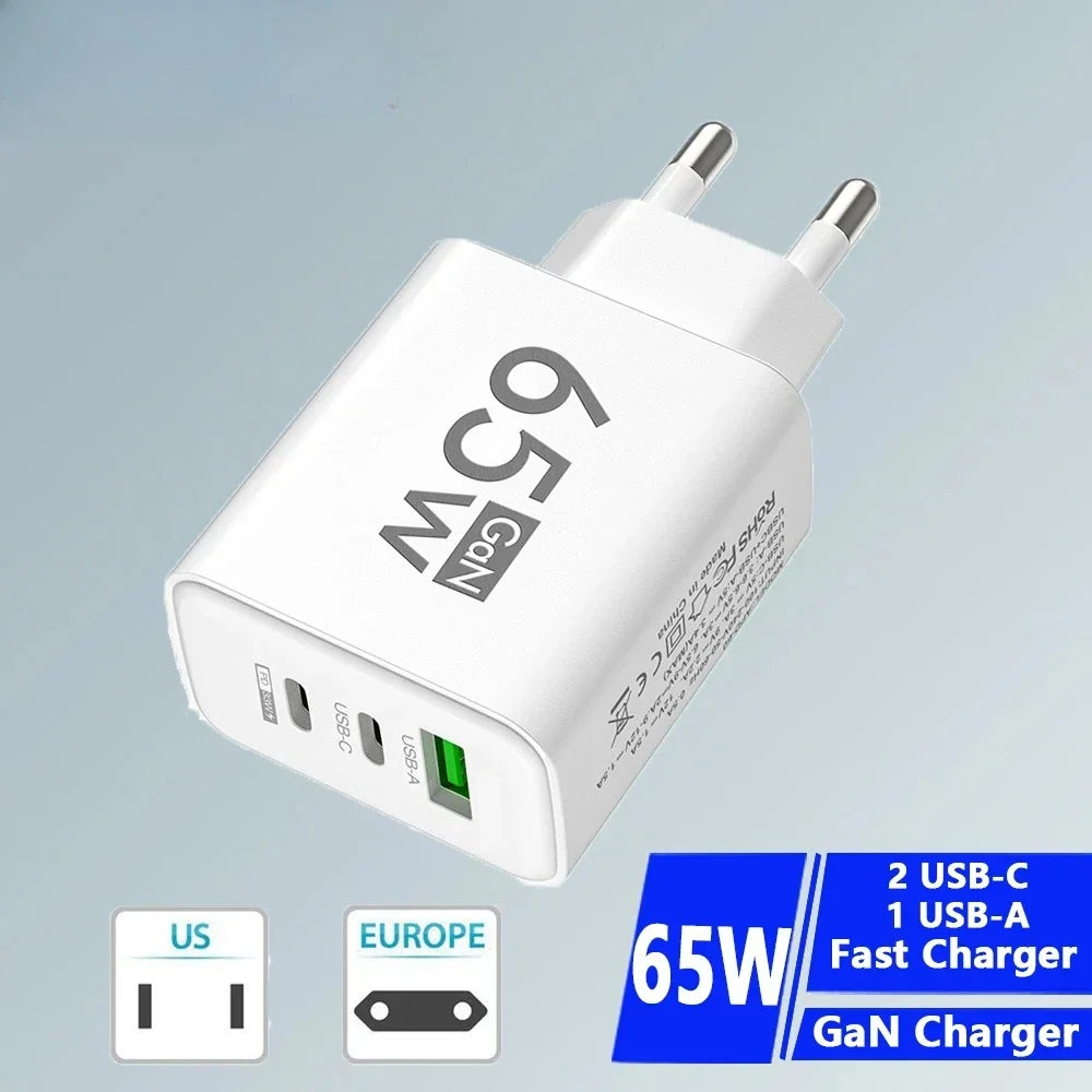 65W GaN USB-C Wall Charger – 3 Port PD 3.0 Fast Charger