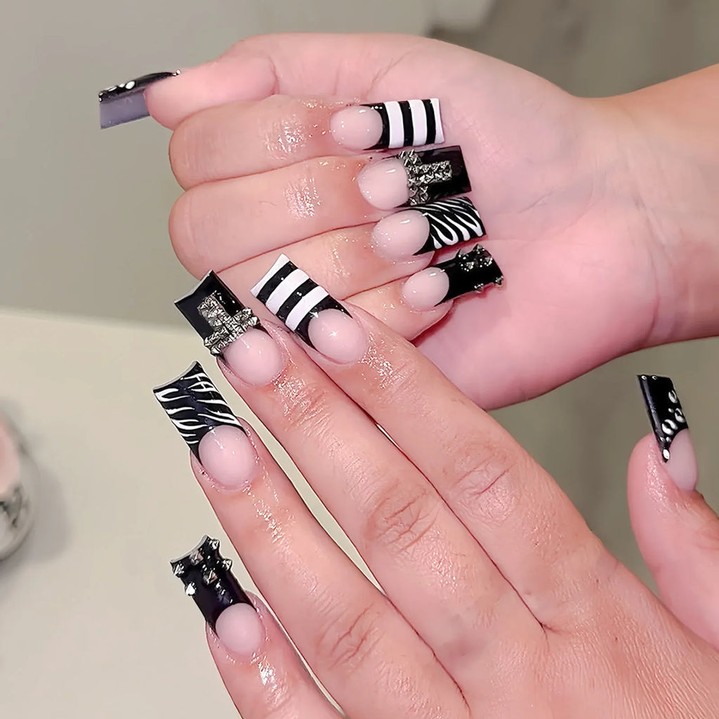 Dark French Square Fake Nails Press Metal Decor Wearable Black Gothic
