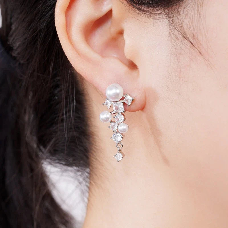 Huitan Pearl & CZ Drop Earrings – Elegant Women's Jewelry