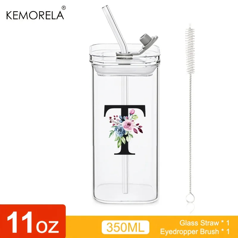 KEMORELA 300ml Letter-Shaped Glass Tumbler with Lid & Straw
