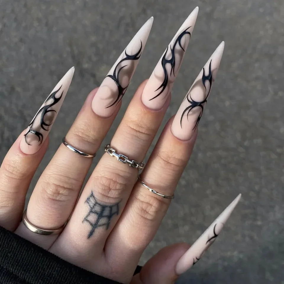 Retro Matte Halloween False Nails Press Long Pointed Wearable Gothic