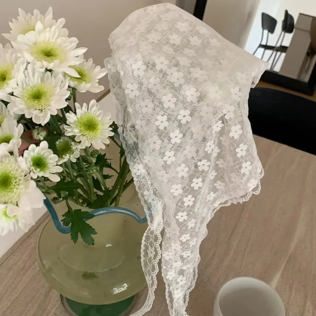 Elegant Lace Triangle Scarf – Floral White Bandana for Women