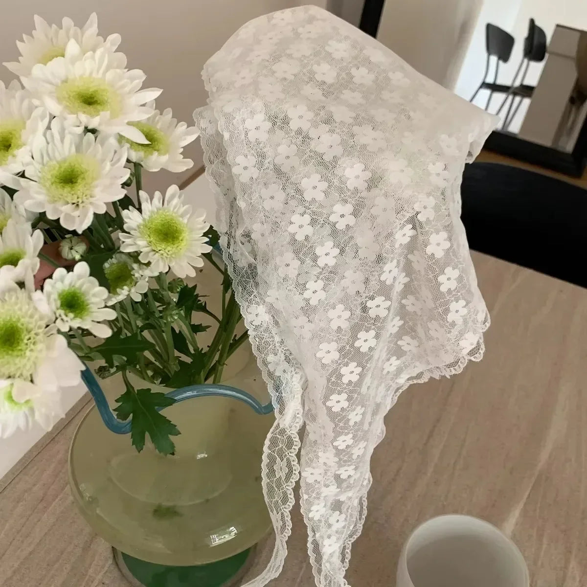 White Lace Floral Triangle Scarf – Elegant Breathable Bandana