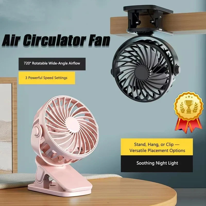 Portable Clip Fan 720° Rotating Rechargeable with Night Light