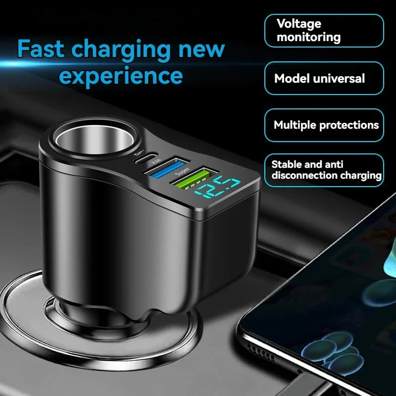 4-Port USB Car Charger 60W Fast Charging & Voltage Display