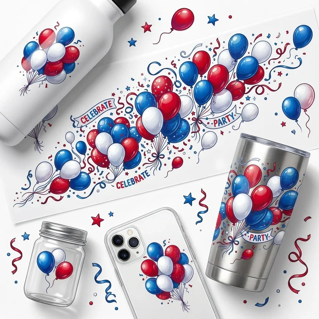 Patriotic Red White Blue Balloon UV DTF Sticker | 16oz Cup Decal