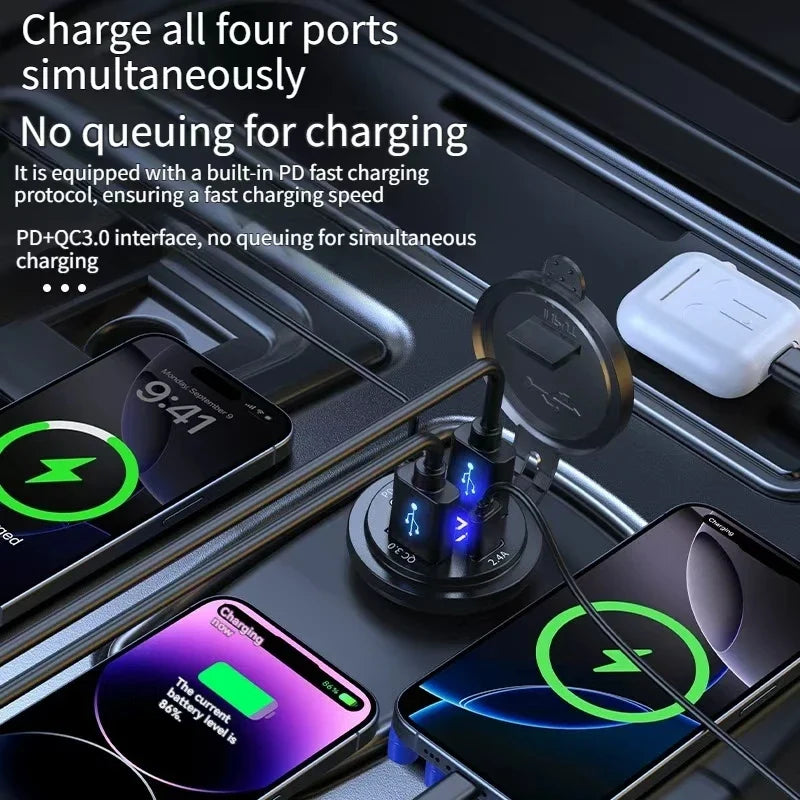 4-Port Car Charger Socket Dual USB-C & USB-A 96W + Voltmeter