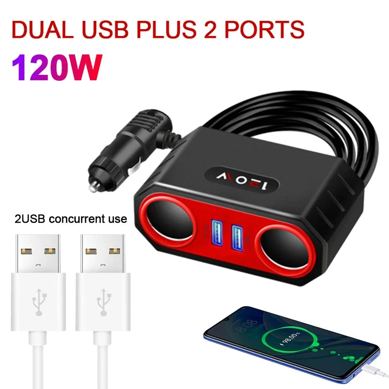 4-Port USB Car Charger 120W Fast Charge Adapter 12–24V