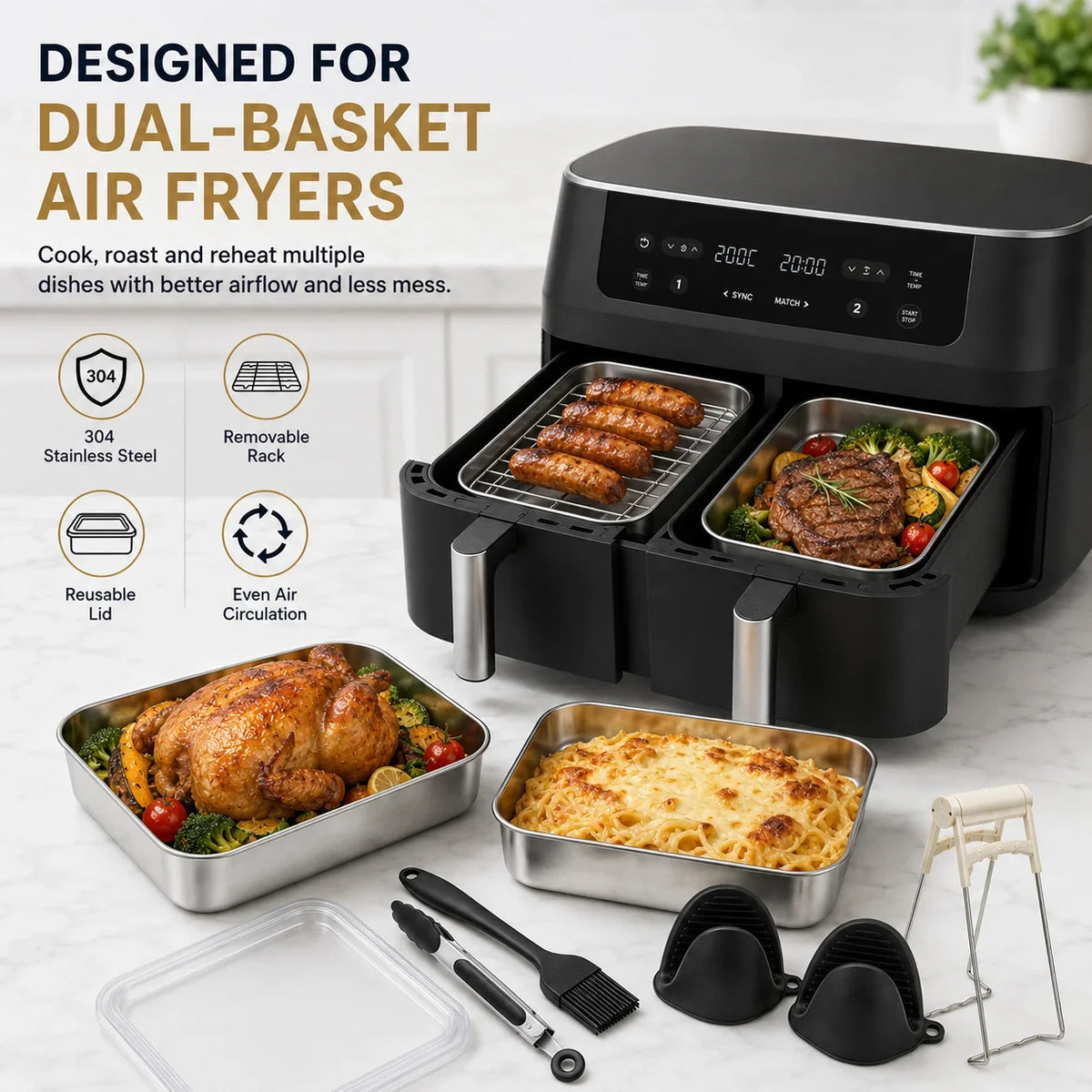 Dual Zone Air Fryer Stainless Steel Baking Pan & Rack Set