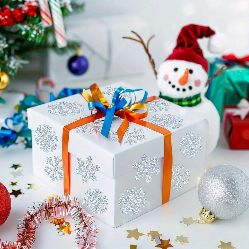 500 Laser Silver Snowflake Stickers Roll – Waterproof Christmas Tags